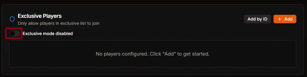 Exclusive Players panel with Exclusive mode toggle highlighted
