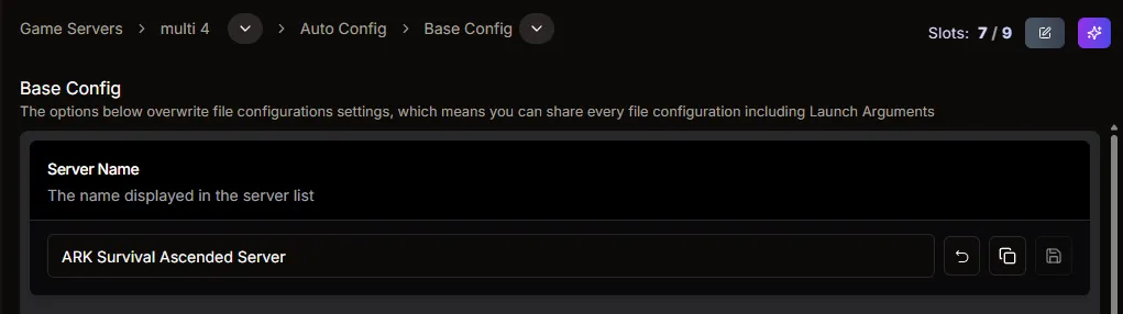 ARK: Survival Ascended Base Config showing the server title field used for lobby search