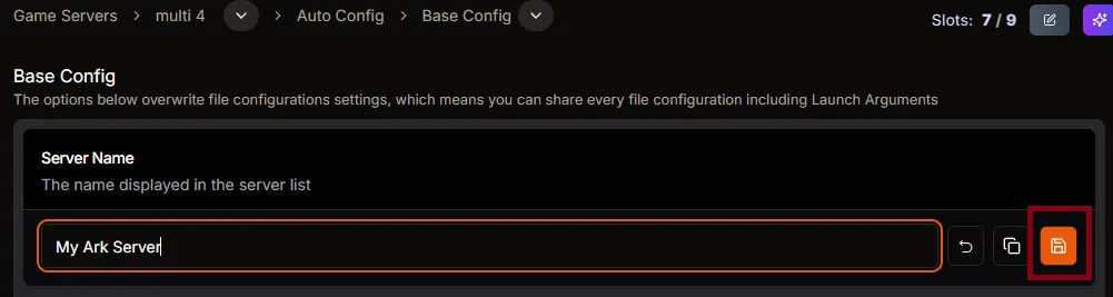 Save button highlighted after entering a new server title