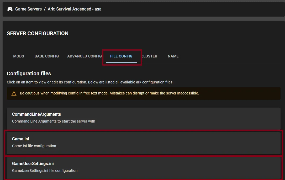 HaruHost v1 File Config tab with Game.ini and GameUserSettings.ini