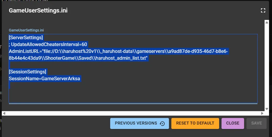 Selecting all text inside GameUserSettings.ini in v1