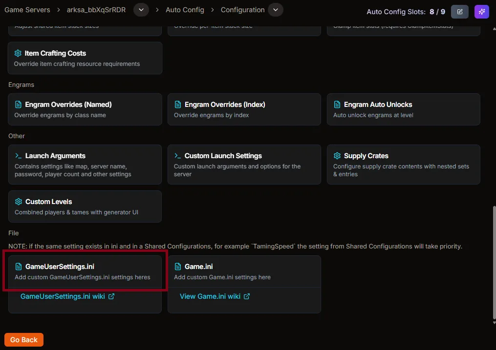 Auto Config page showing GameUserSettings.ini and Game.ini editors