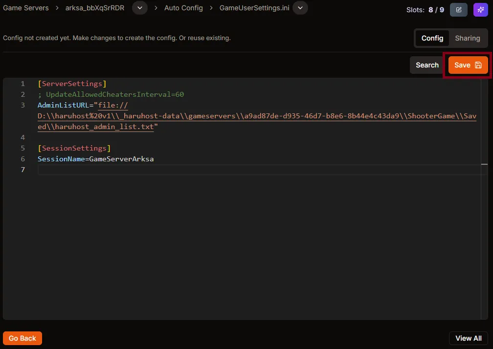 Pasted GameUserSettings.ini with Save button highlighted