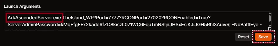 Manual Config showing Launch Arguments box and Save