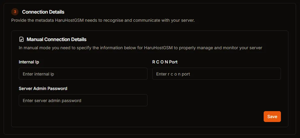 Manual connection details panel fields for Internal IP, RCON Port, and Server Admin Password