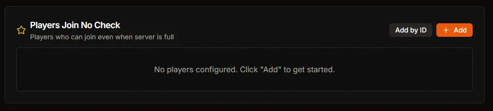 Players Join No Check panel with Add and Add by ID buttons