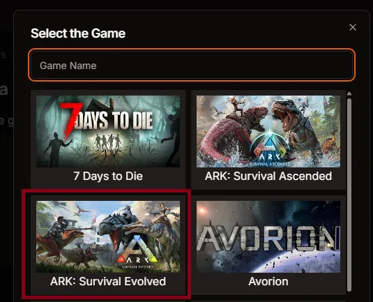 Select the Game modal with ARK: Survival Evolved highlighted