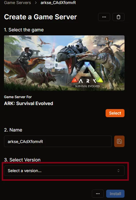 Create a Game Server with Ark Survival Evolved selected and version dropdown highlighted