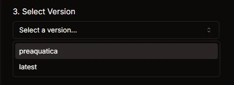 Select Version dropdown showing preaquatica and latest options
