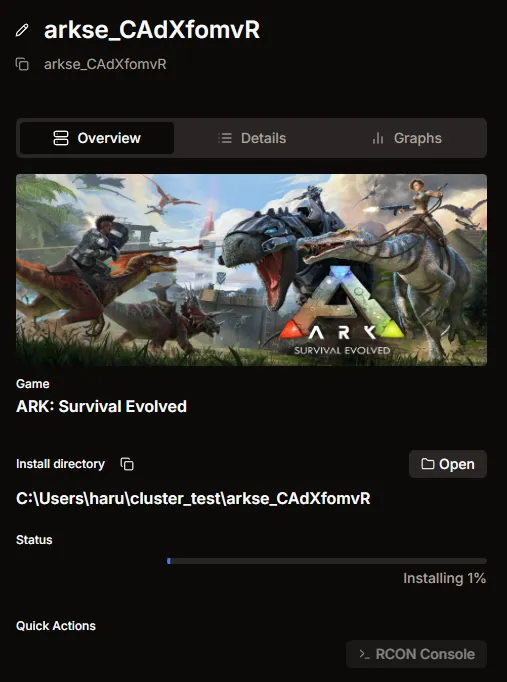 Ark Survival Evolved Overview tab showing Installing status for the server
