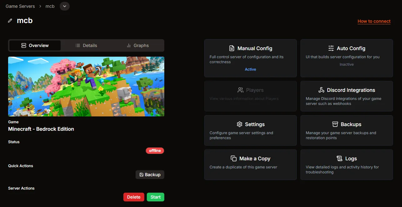 Minecraft Bedrock server overview in HaruHost with the How to connect button visible