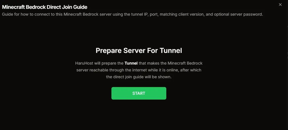 Minecraft Bedrock How to Connect guide showing the Prepare Server For Tunnel state