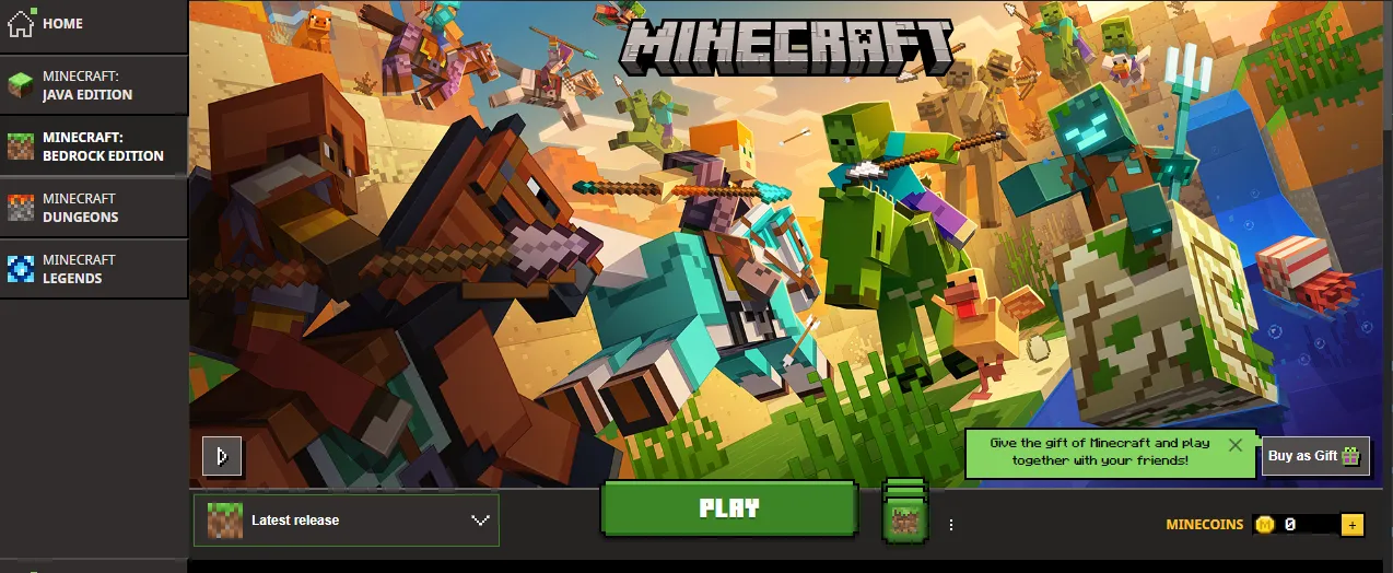 Minecraft Launcher with Minecraft Bedrock Edition selected and the Play button visible