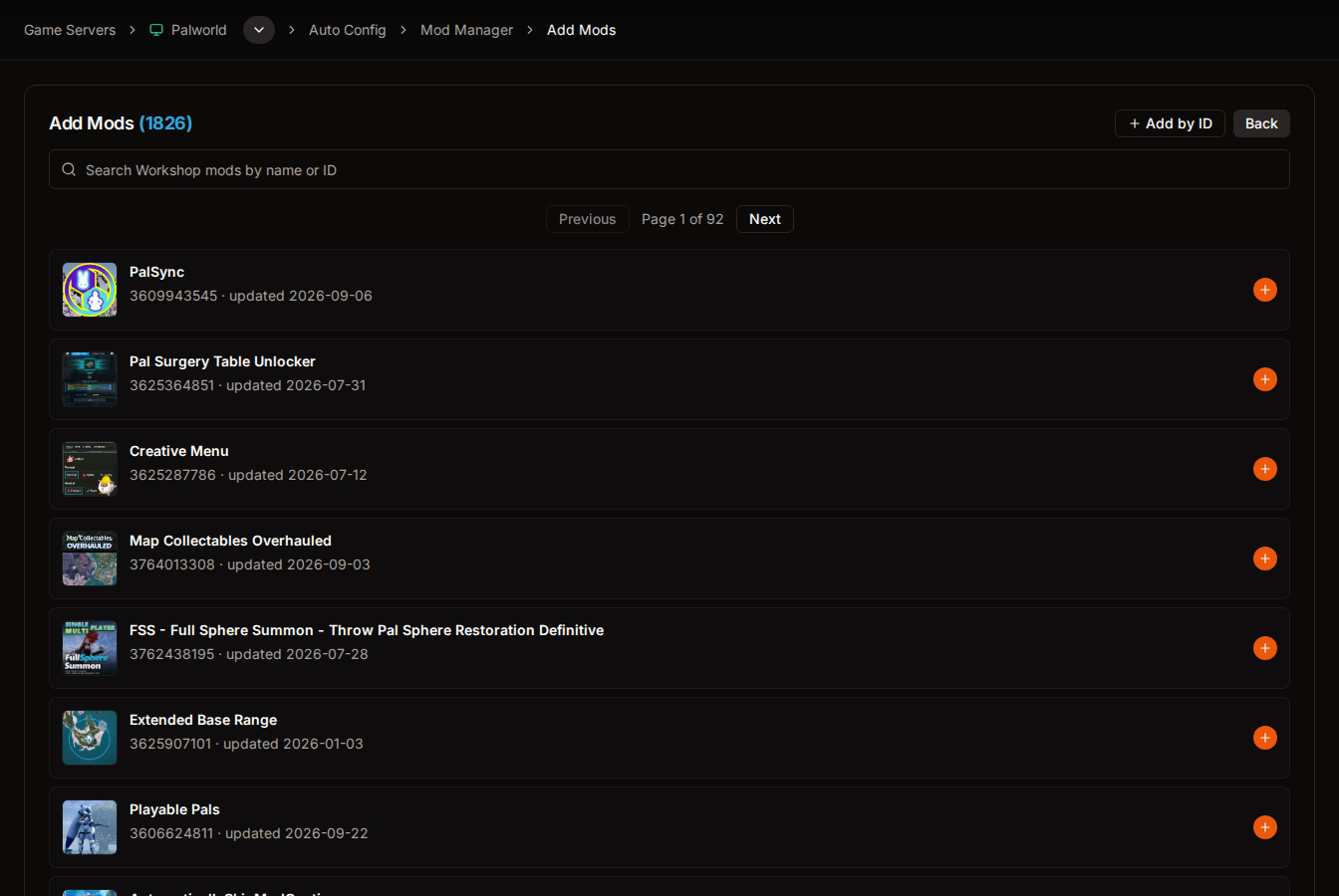 Real Palworld Workshop catalogue with search, Add by ID and mod listings