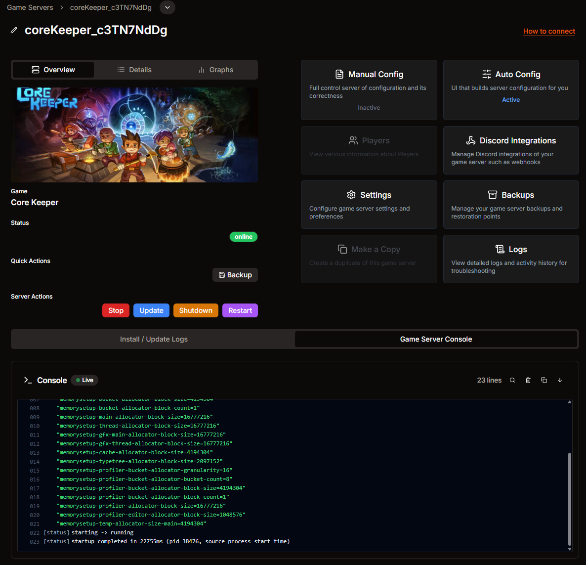 Core Keeper server page in HaruHost with the How to connect entry visible