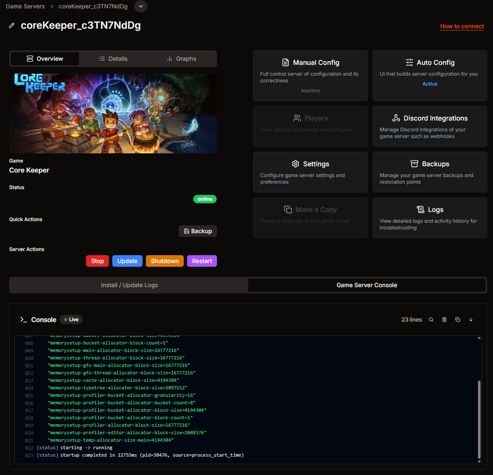 Core Keeper server manager page in HaruHost on Windows