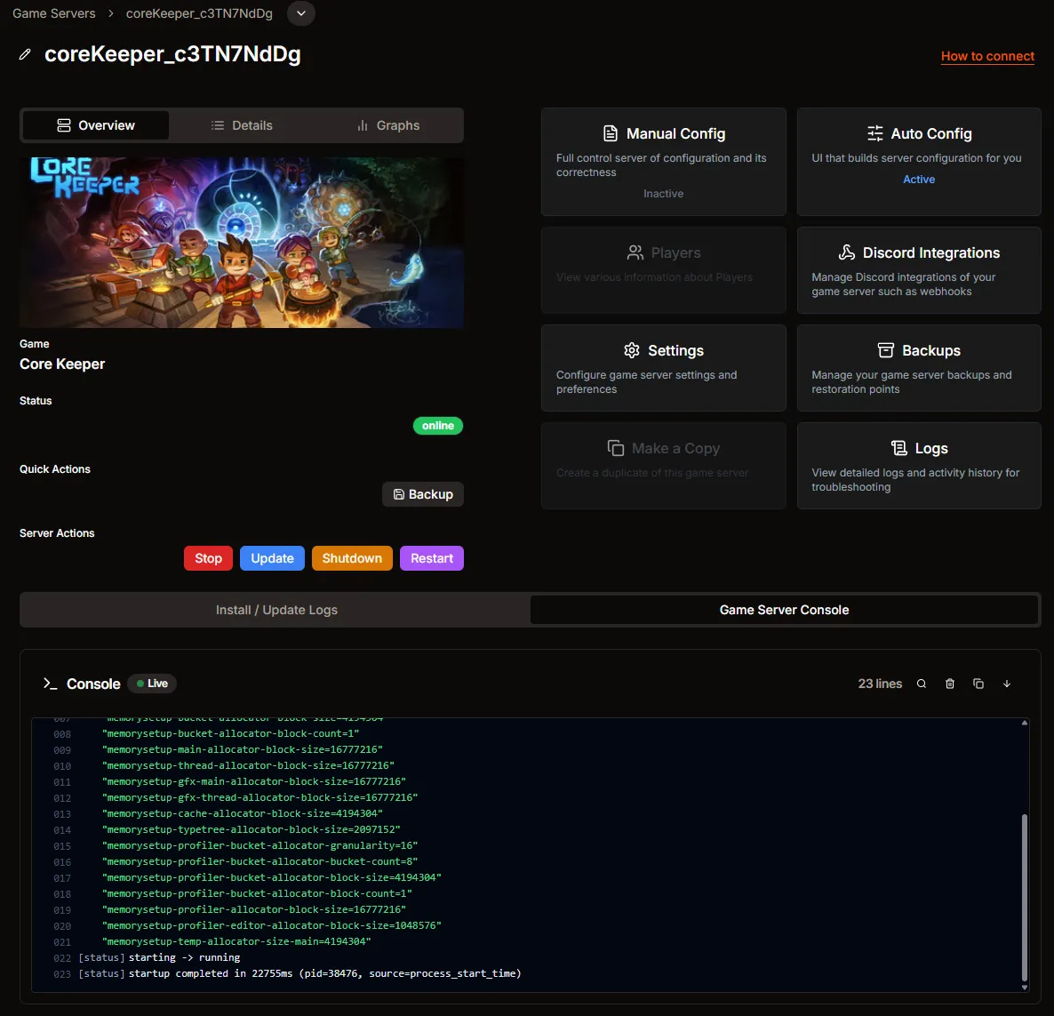 Core Keeper server page in HaruHost with the How to connect entry visible