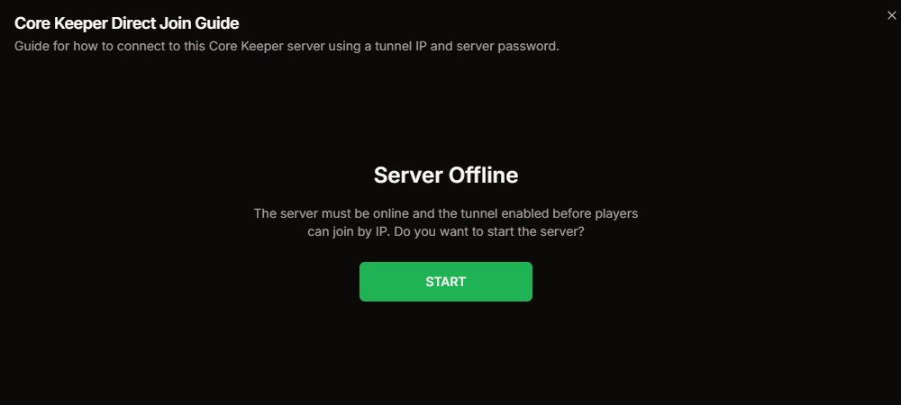 Core Keeper Direct Join Guide showing the Server Offline start prompt
