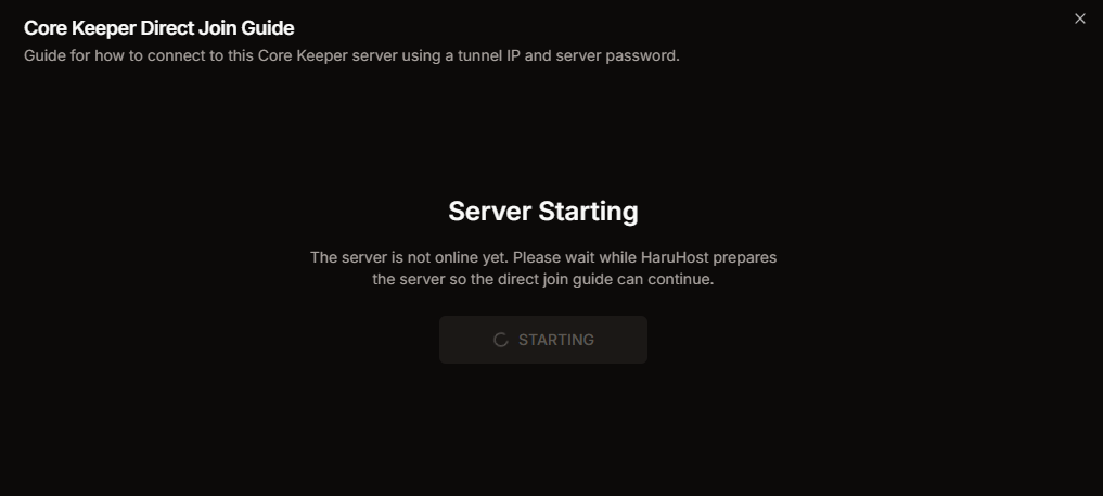 Core Keeper Direct Join Guide showing the Server Starting state