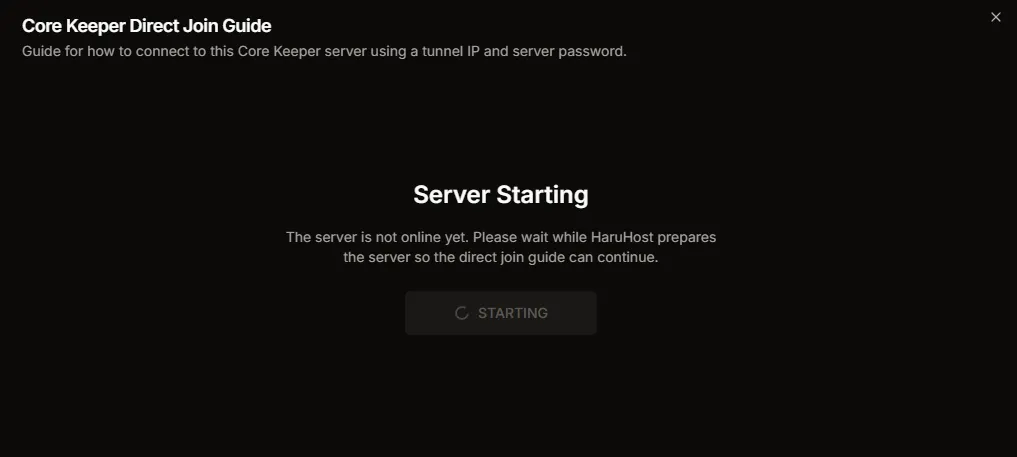 Core Keeper Direct Join Guide showing the Server Starting state