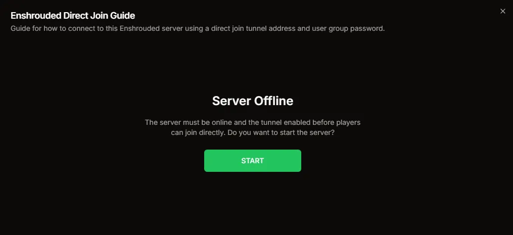 Enshrouded Direct Join Guide showing the Server Offline start prompt