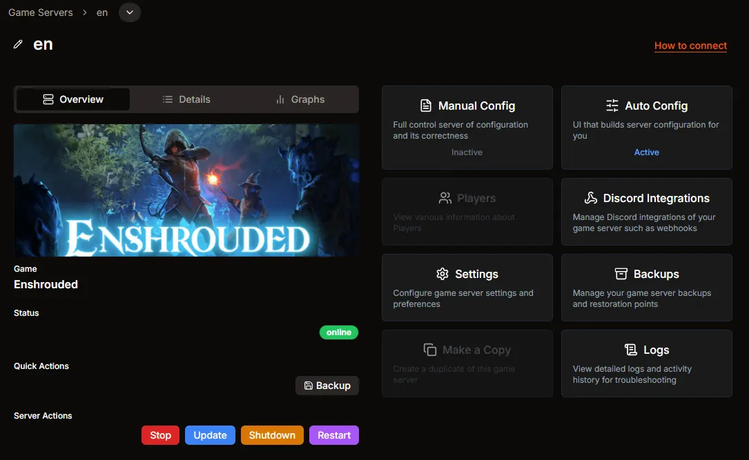 Enshrouded server overview page in HaruHost with the How to connect action visible
