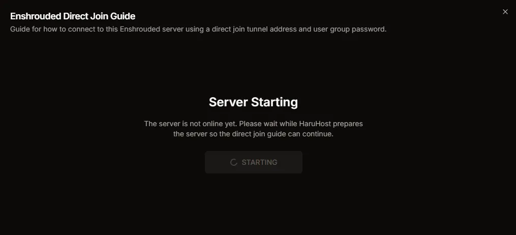 Enshrouded Direct Join Guide showing the Server Starting state