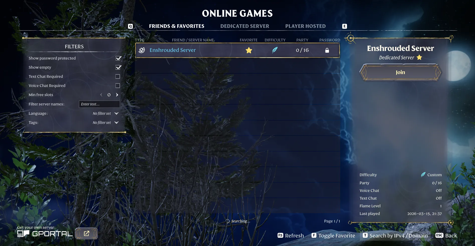 Enshrouded online games screen with Search by IPv4 or Domain visible