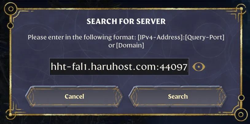 Enshrouded search dialog with a HaruHost direct join address entered