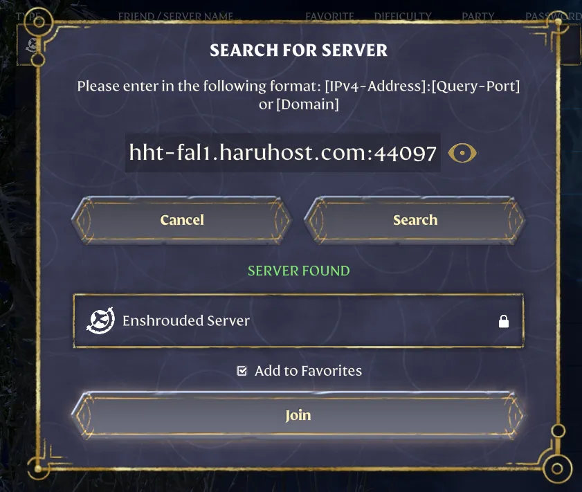 Enshrouded server search result with Join and Add to Favorites visible