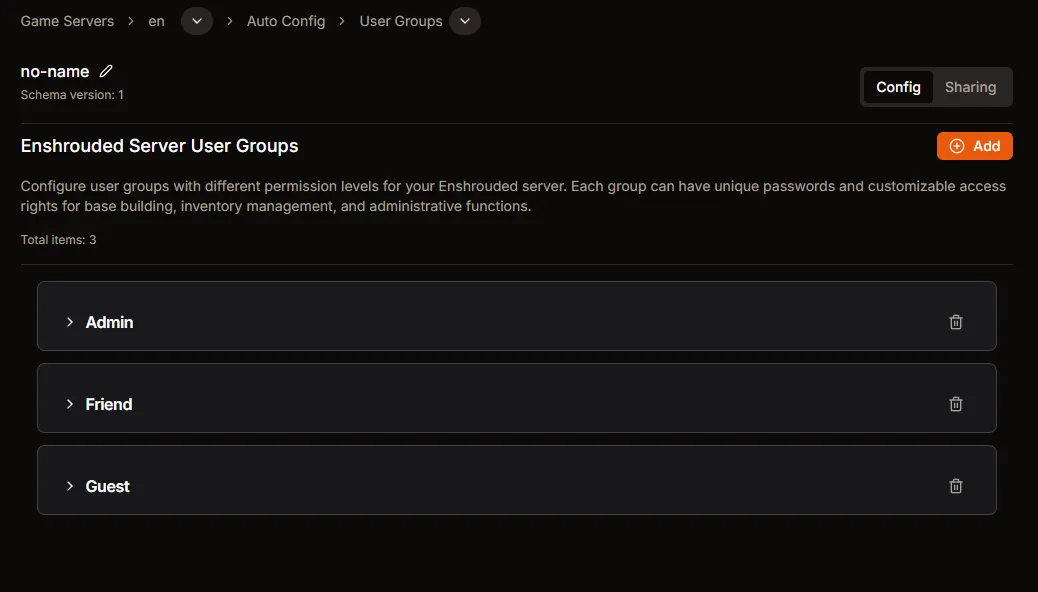 HaruHost Enshrouded User Groups page showing configured groups