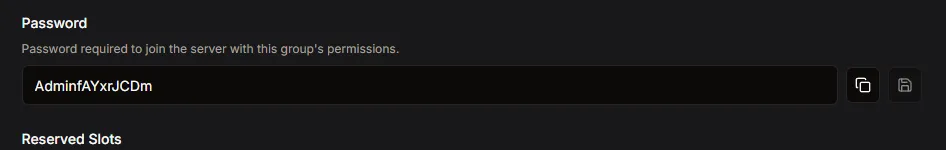 HaruHost Enshrouded user group password field with the copy action visible