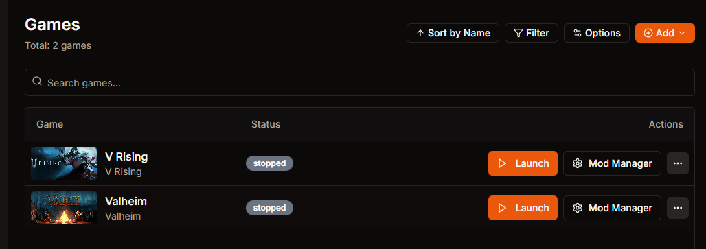 Mod profile launcher listing game profiles with profile selection and launch buttons