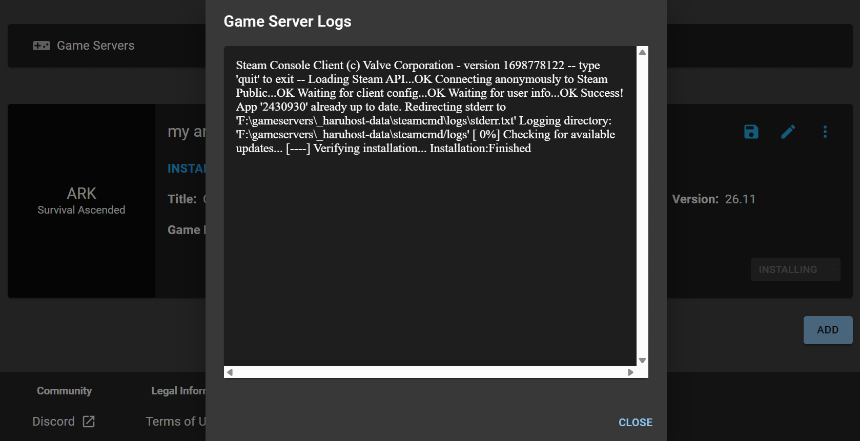 Game Server Installation Logs