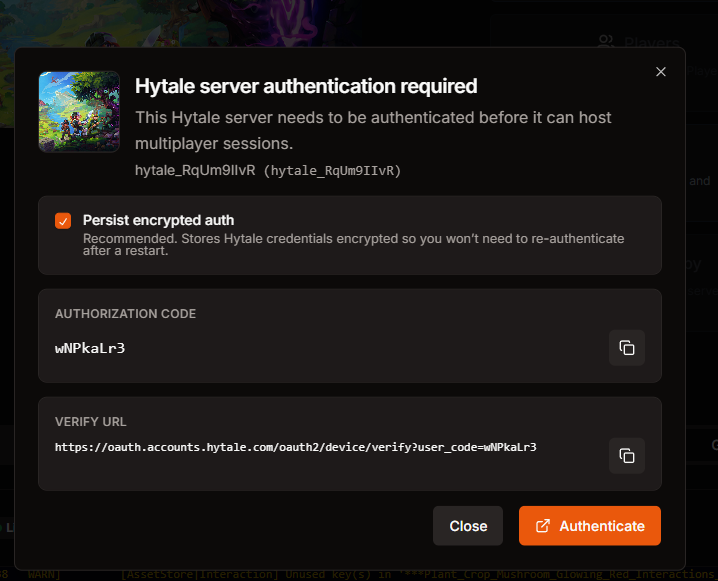 HaruHost Hytale server authentication dialog showing authorization code and verify URL