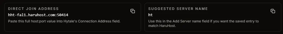 Hytale Direct Join Guide in HaruHost showing the direct join address and secondary detail card