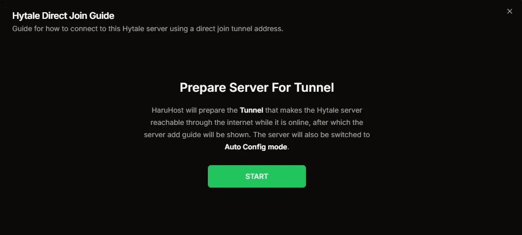 Hytale Direct Join Guide showing the Prepare Server For Tunnel state with Auto Config mode noted