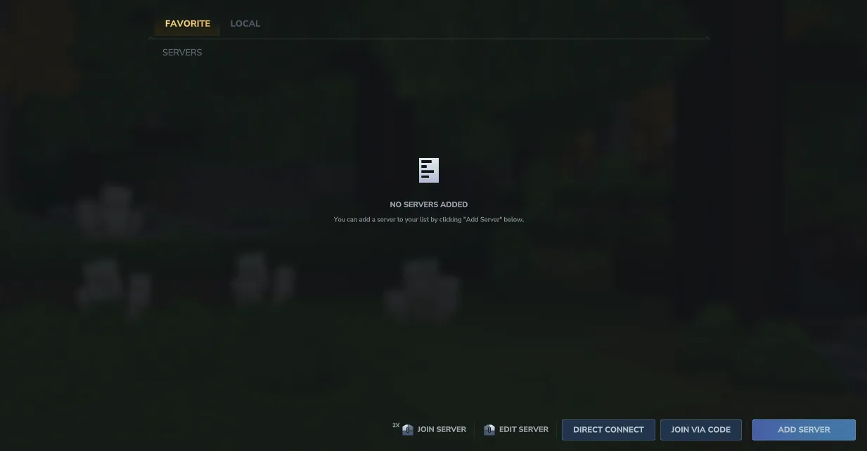 Hytale server browser with Add Server and Direct Connect buttons visible