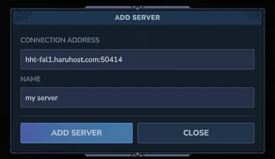 Hytale Add Server dialog with the connection address and a server name filled in