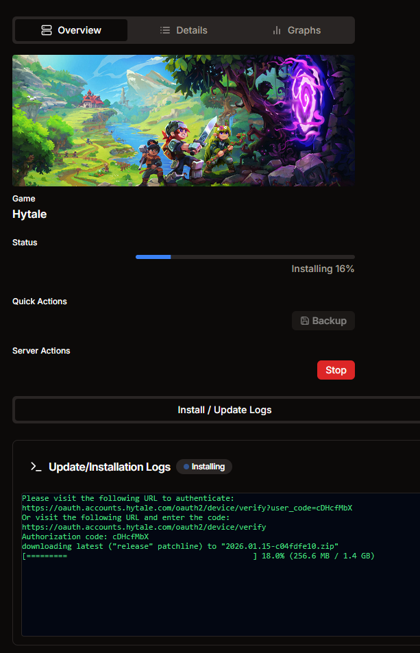 HaruHost Hytale server overview showing install progress and installation logs