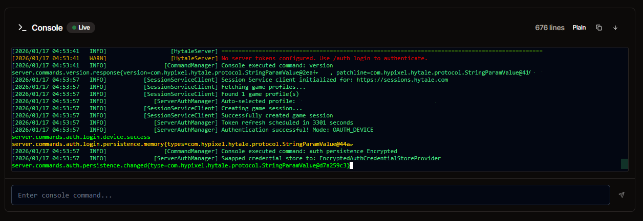 HaruHost interactive console showing Hytale server logs and authentication messages