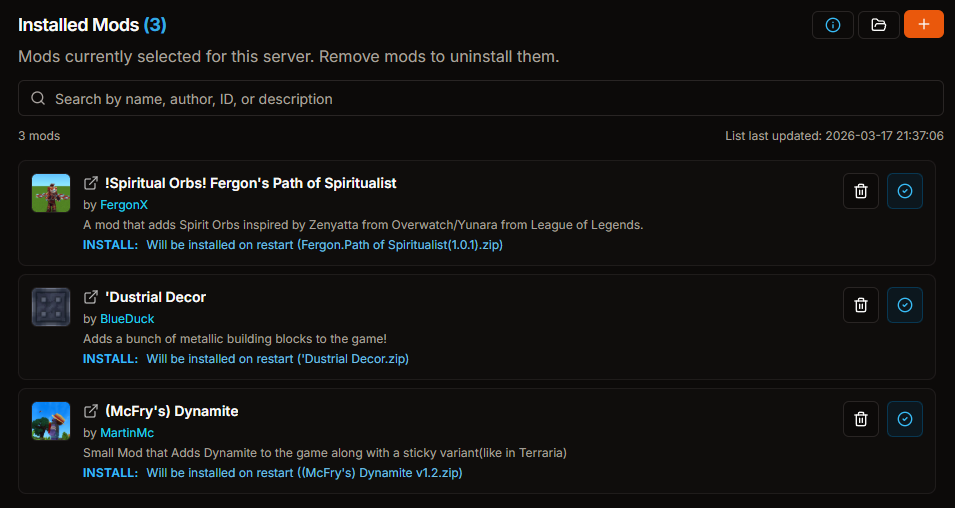 HaruHost Hytale CurseForge mod manager showing installed mods and install state