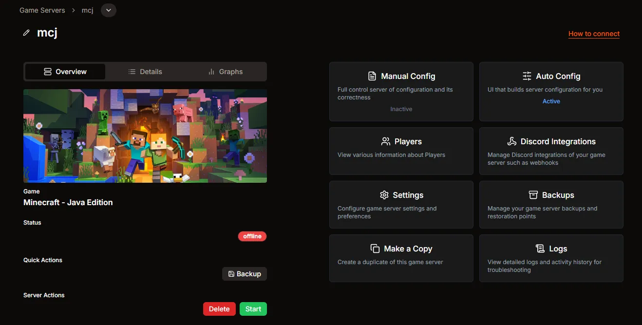 Minecraft Java server overview in HaruHost with the How to connect button visible