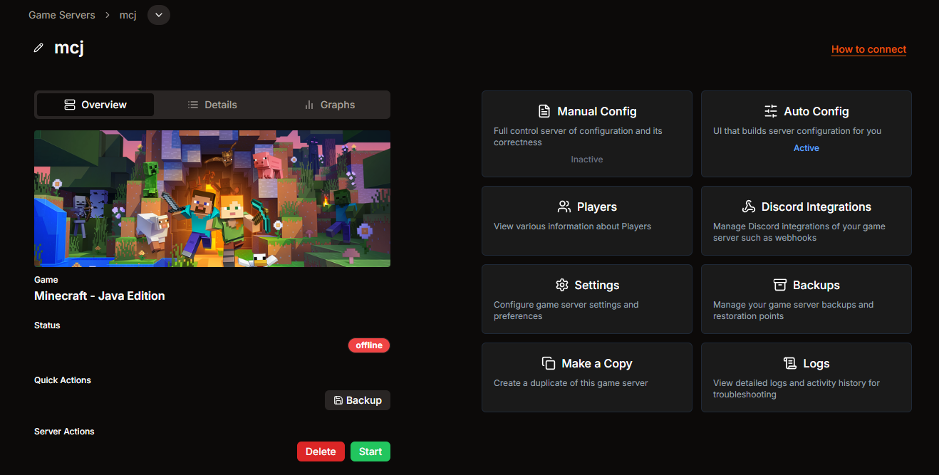 Game server page with the How to connect entry in the top-right corner