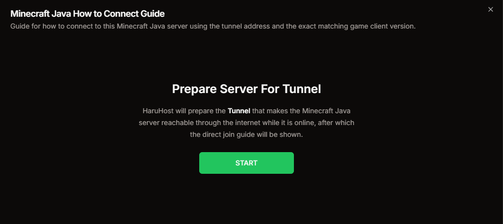 How to connect guide showing the Prepare Server For Tunnel screen with the Start button