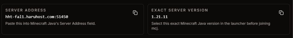 Minecraft Java How to Connect guide showing the server address and exact server version cards