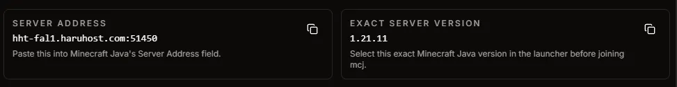 Minecraft Java How to Connect guide showing the server address and exact server version cards
