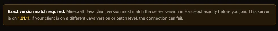 Minecraft Java How to Connect guide warning that the client version must match the server version exactly
