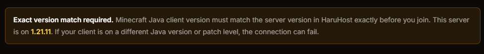 Minecraft Java How to Connect guide warning that the client version must match the server version exactly