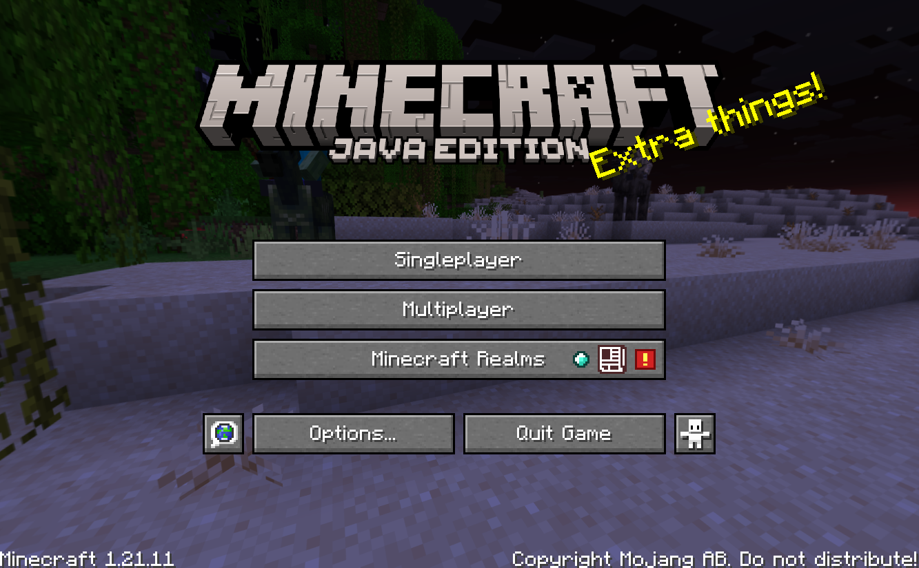 Minecraft Java main menu with the Multiplayer button visible and the client version shown